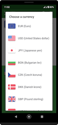 Smartphone screenshot of Currency Converter app currencies