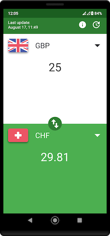 Smartphone screenshot of Currency Converter app exchange