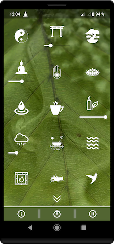 Smartphone screenshot of Meditation Music app menu volumes