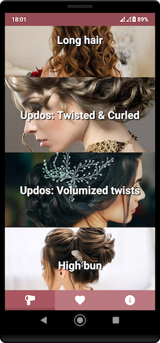 Smartphone screenshot of Wedding Hairstyles app categories